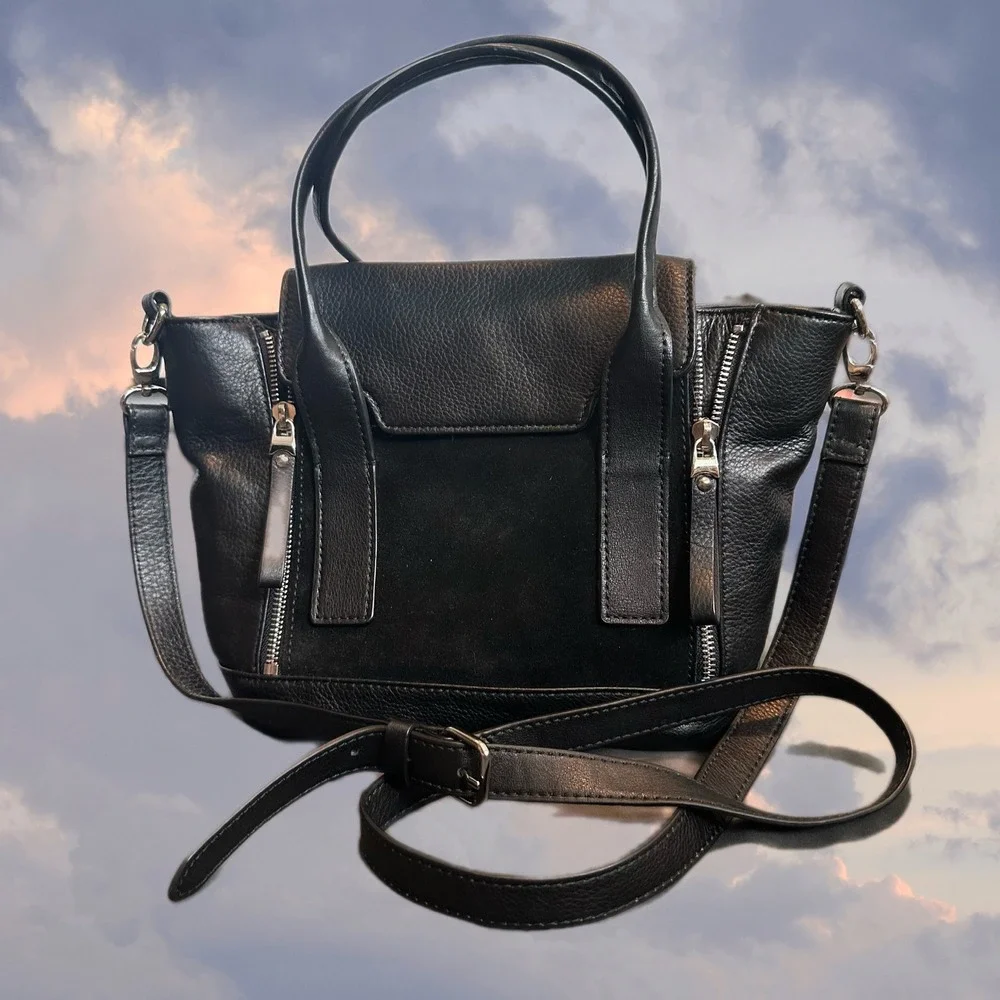 Audrey Brooke Black‎ Pebbled Leather Suede Satchel Crossbody Bag Silver Hardware